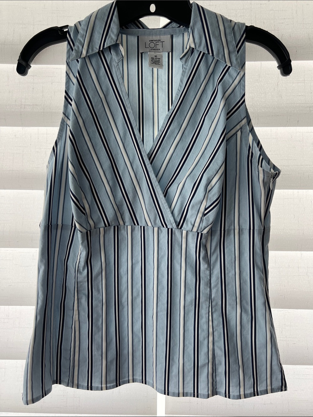 LOFT Light Blue Navy White Striped Sleeveless Wrap Blouse